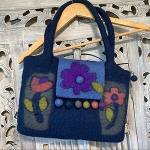 Rising Tide Blue Wool Shoulder Purse with Flower and Pompom Details